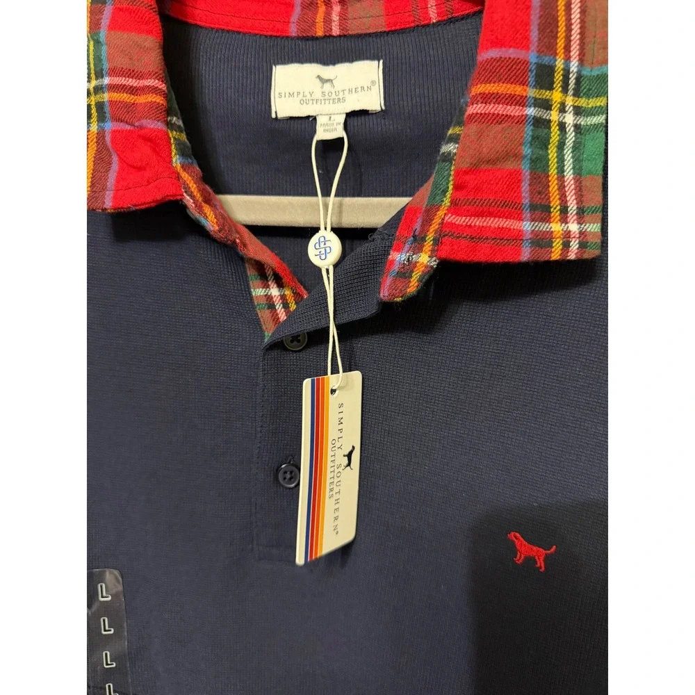 Simply Southern Navy Plaid Collar Long Sleeve Polo Shirt Mens Large NWT